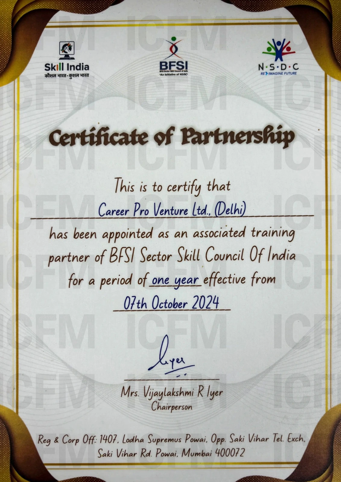 ICFM BFSI Certificate of Partnership