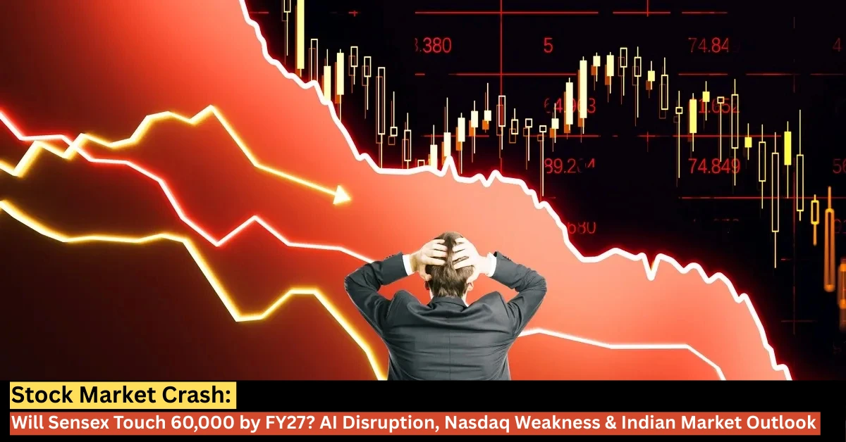 Stock market crash illustration showing falling Sensex chart amid AI disruption fears and Nasdaq weakness impacting Indian markets