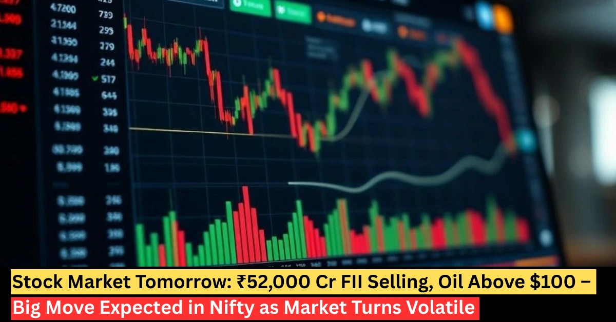 stock market tomorrow prediction chart showing ₹52,000 Cr FII selling and oil above $100 impact on Nifty