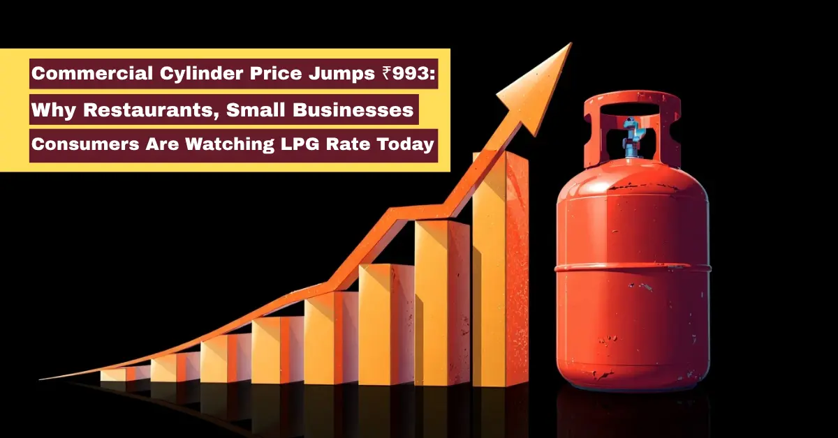 Commercial cylinder price jumps ₹993 with LPG gas cylinder and rising cost graph showing impact on restaurants, small businesses and consumers.