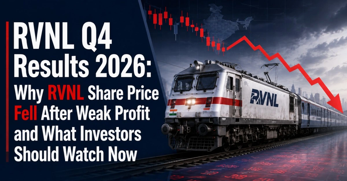 RVNL Q4 Results 2026 showing RVNL share price fall after weak profit with railway stock market decline and investor analysis graphic