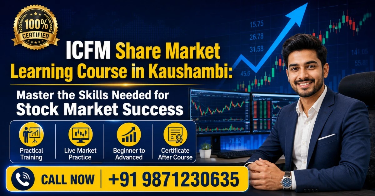 Students attending the ICFM Share Market Learning Course in Kaushambi, learning stock market trading, technical analysis, investment planning, and financial market strategies through practical training.