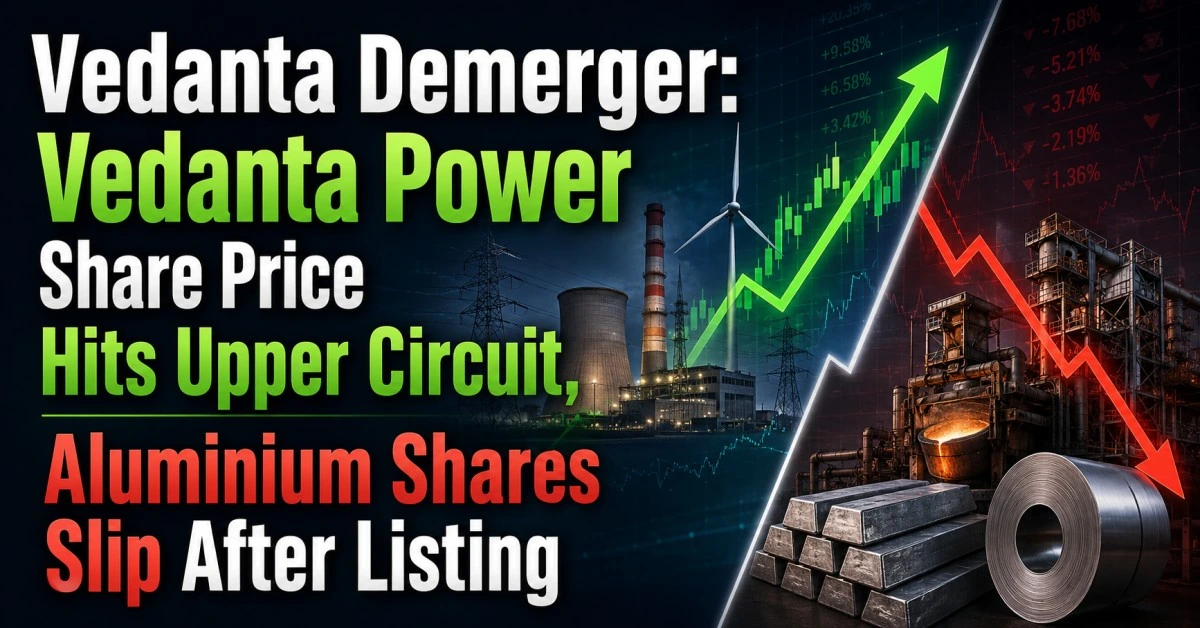 Vedanta demerger news image showing Vedanta Power share price hitting upper circuit and aluminium shares slipping after listing