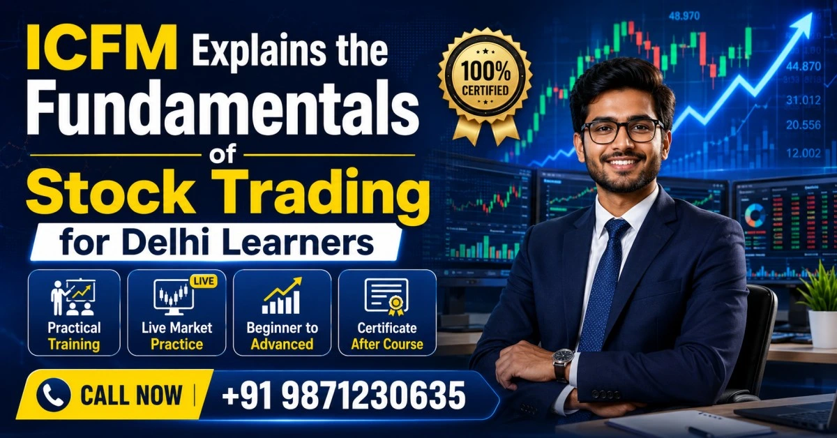 ICFM explaining stock trading fundamentals to students in Delhi through practical market training