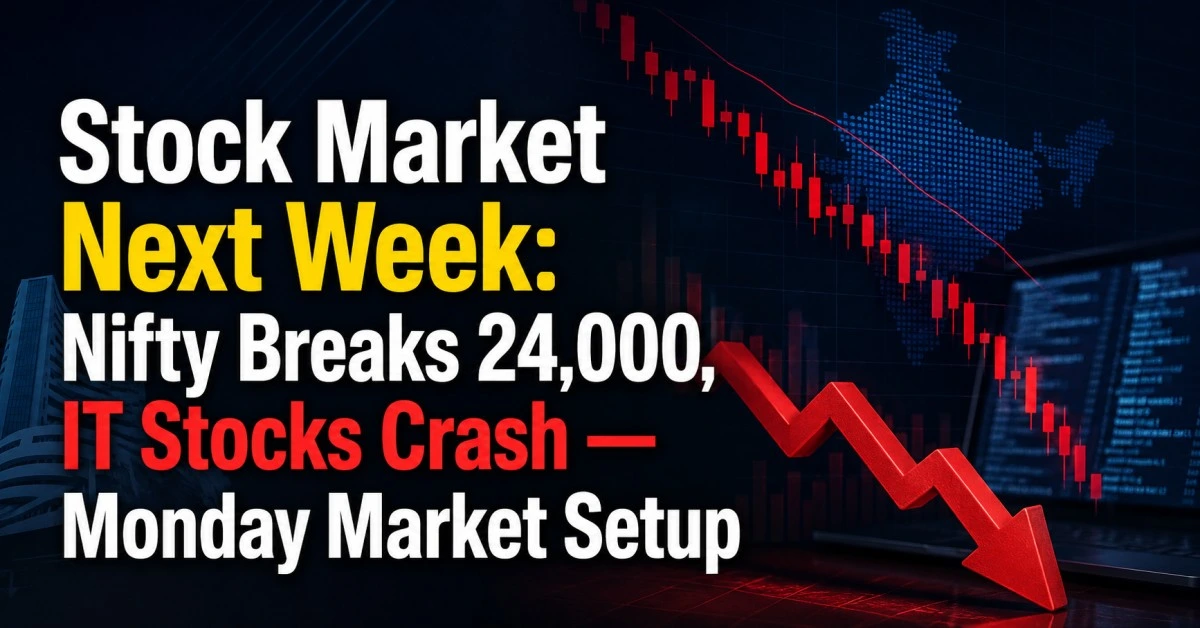Stock market next week with Nifty below 24,000, IT stocks crash and Monday market setup shown with red falling chart