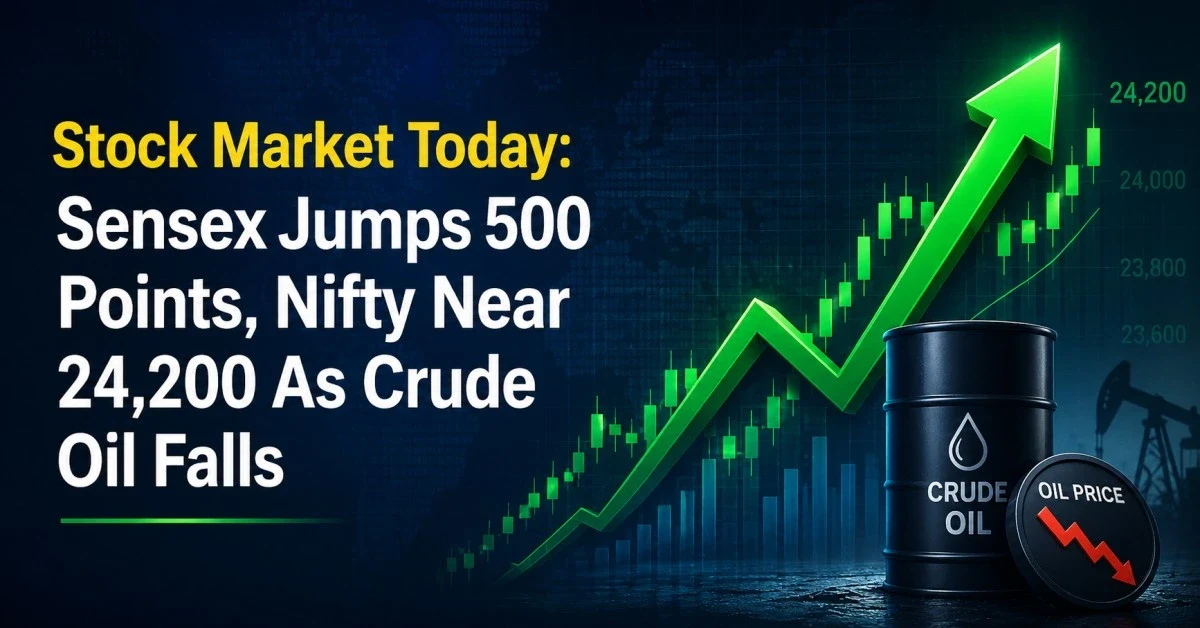 Stock Market Today Sensex jumps 500 points and Nifty nears 24200 as crude oil prices fall