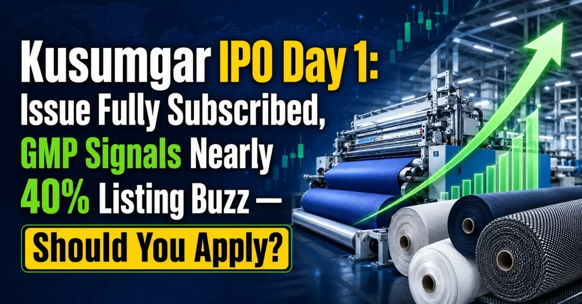 Kusumgar IPO Day 1 GMP signals 40% listing buzz with factory and stock market growth arrow.