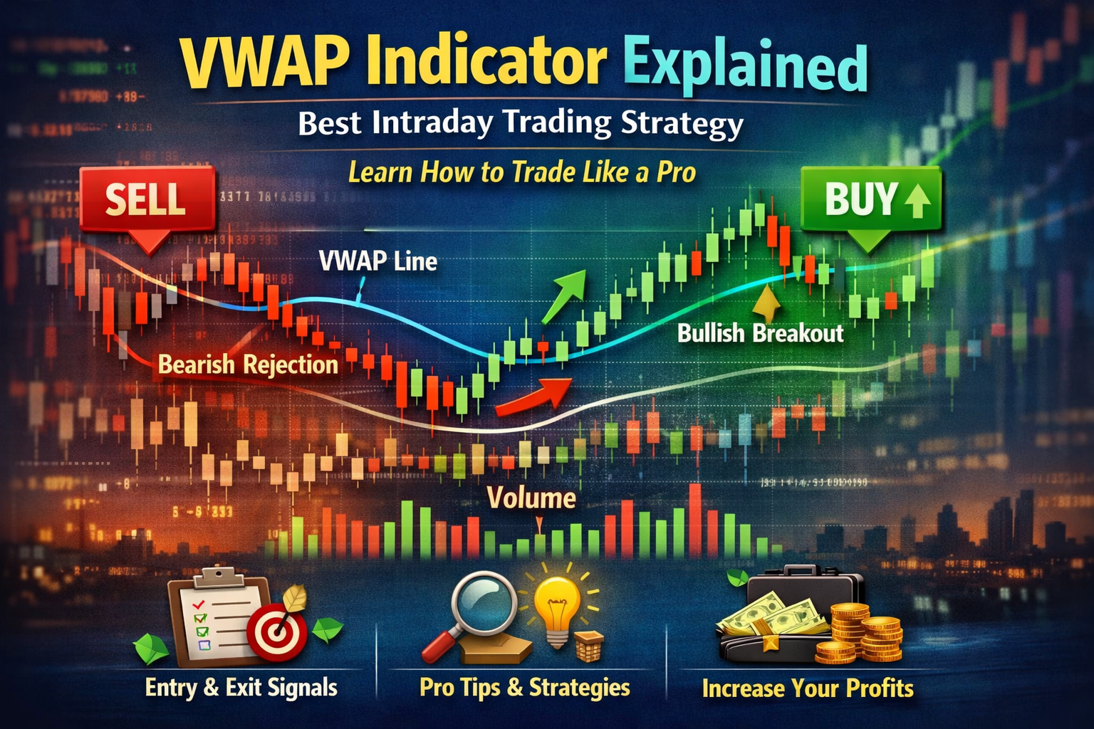 VWAP indicator intraday trading chart showing price above and below VWAP line with volume analysis