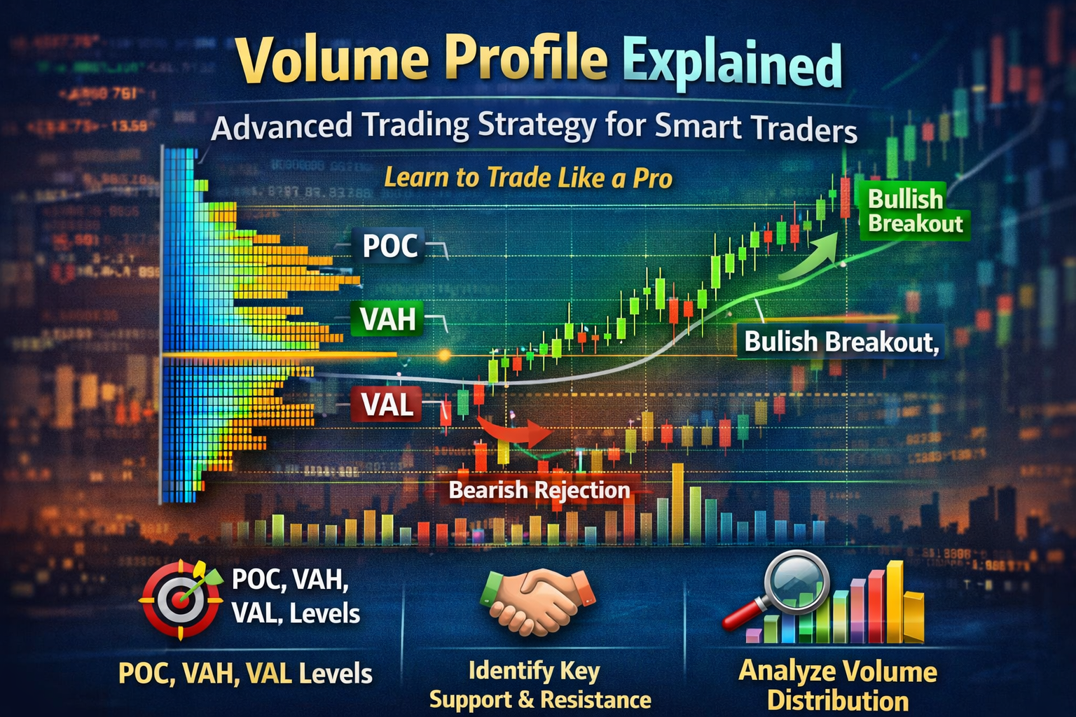 Volume Profile chart showing POC, VAH, VAL levels with price action and volume distribution histogram