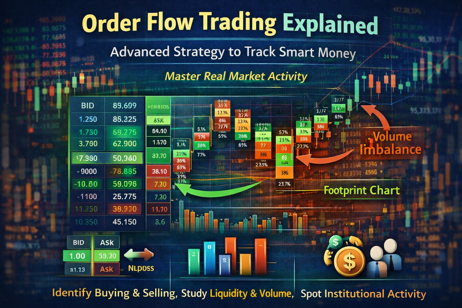 Order Flow trading chart with footprint chart, bid ask data, market depth and volume imbalance visualization