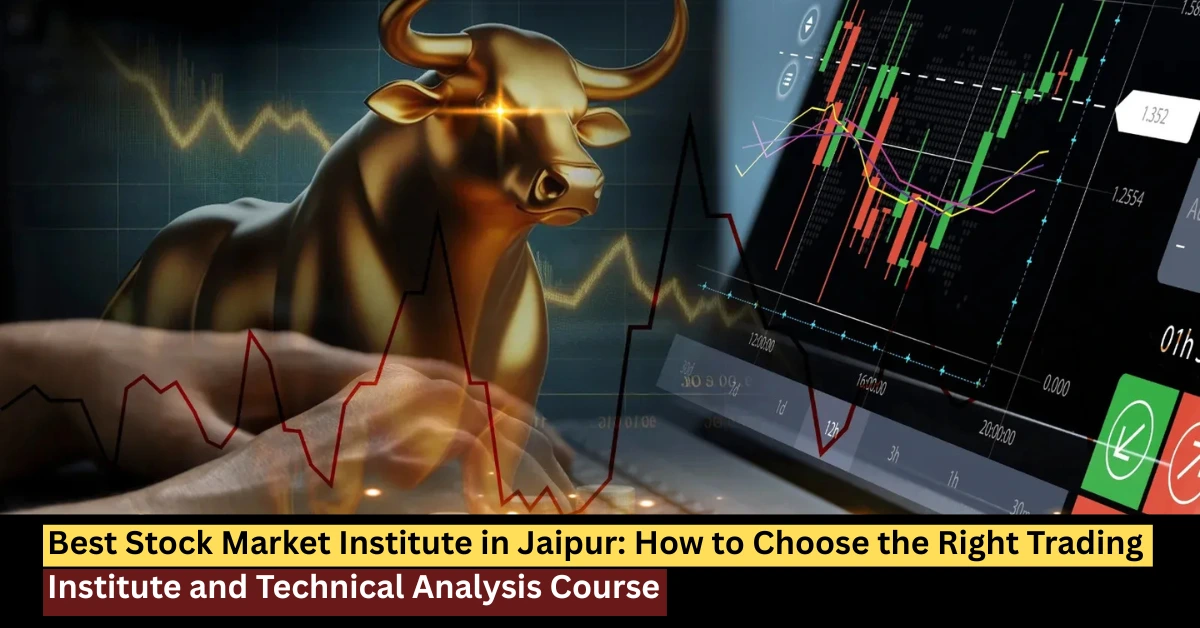 Best Stock Market Institute in Jaipur with technical analysis chart, trading screen and bull market concept by ICFM India