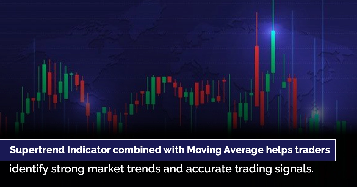 “Supertrend Indicator with Moving Average strategy displayed on stock market candlestick chart”