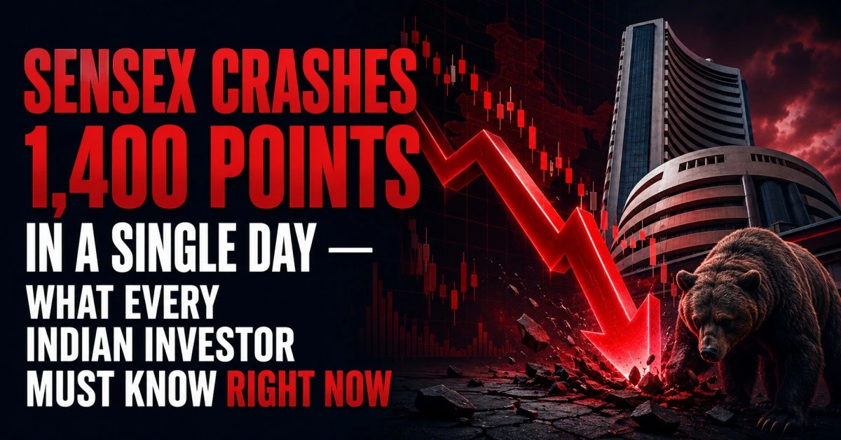 Sensex crashes 1,400 points in a single day with bearish stock market chart, red falling arrow, BSE building and bear market visual for Indian investors.