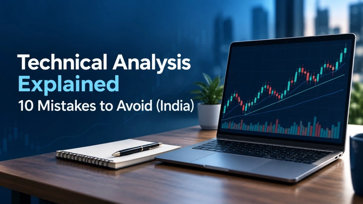 Technical analysis explained: laptop showing a candlestick chart with moving averages and volume, 10 mistakes to avoid