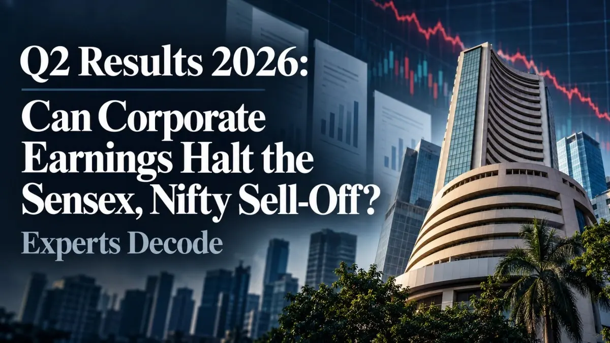Bombay Stock Exchange building with falling red stock chart for Q2 results 2026 Sensex Nifty sell-off article