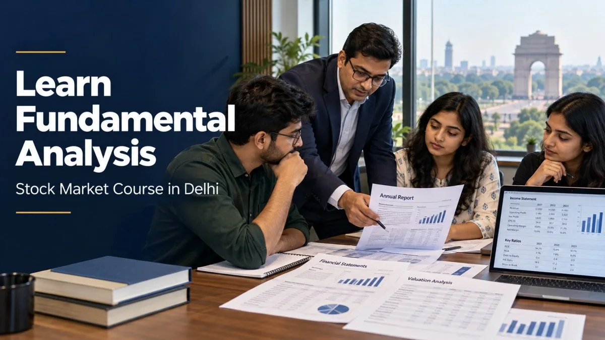 Students learning fundamental analysis with annual reports and key ratios in a stock market course in Delhi