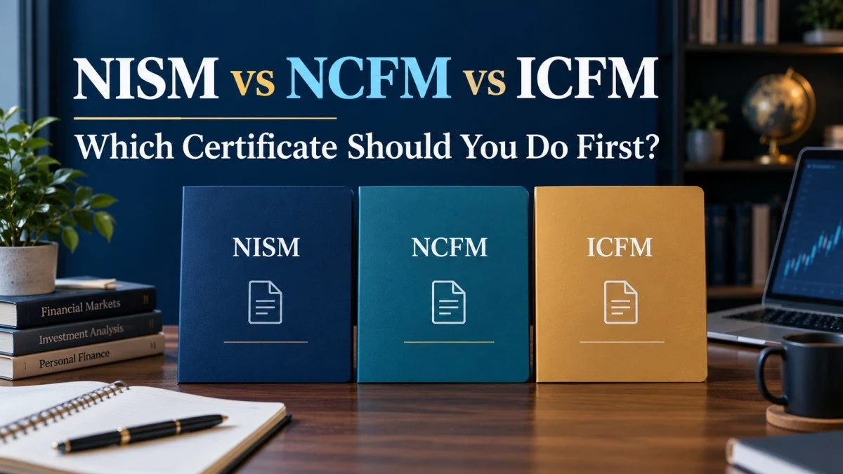 NISM vs NCFM vs ICFM certificate comparison: three certificate folders on a desk with finance books and a trading chart