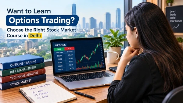 Options trading course in Delhi featuring a learner studying stock charts on a laptop, with trading books and risk management notes.