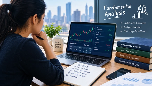 Fundamental Analysis Course in Delhi featuring a learner analyzing stock charts, financial statements, company performance, and investment strategies on a laptop.