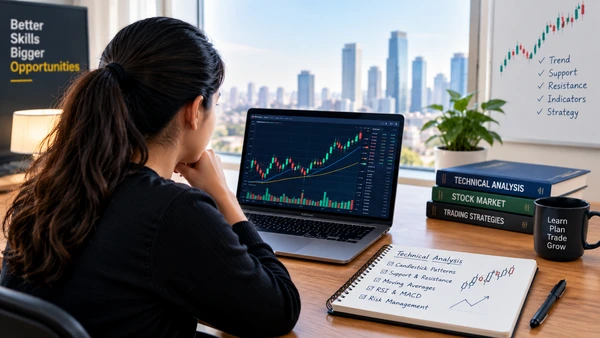A woman learning technical analysis using stock market charts, candlestick patterns, trading indicators, and risk management concepts in a modern study workspace.