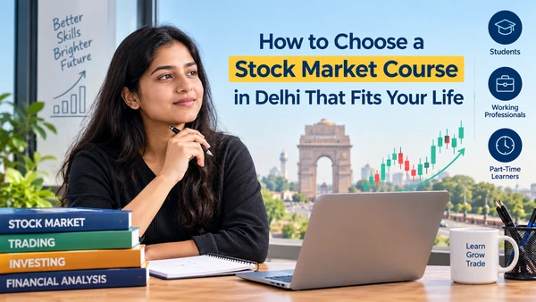 How to choose a stock market course in Delhi with a student studying trading, investing, and financial analysis.