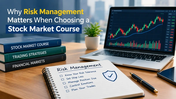 Risk management for a stock market course with trading charts, learning books, and a notebook outlining essential trading rules.